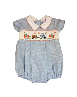 Pumpkin Tractor Smocked Blue Boy Bubble