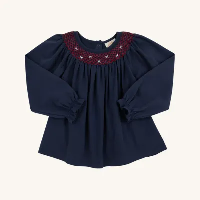 Bettye Sue Smocked Pima Top, Nantucket Navy and Red