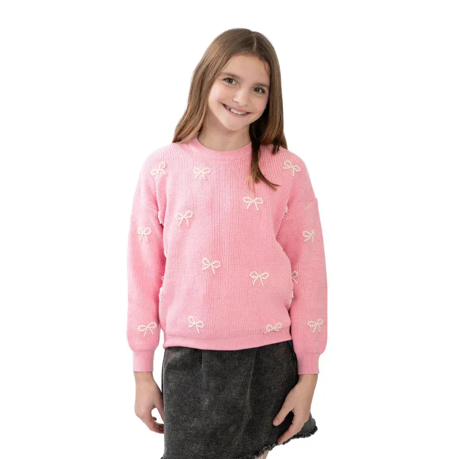 Pearl Bows Pink Crew Neck Sweater