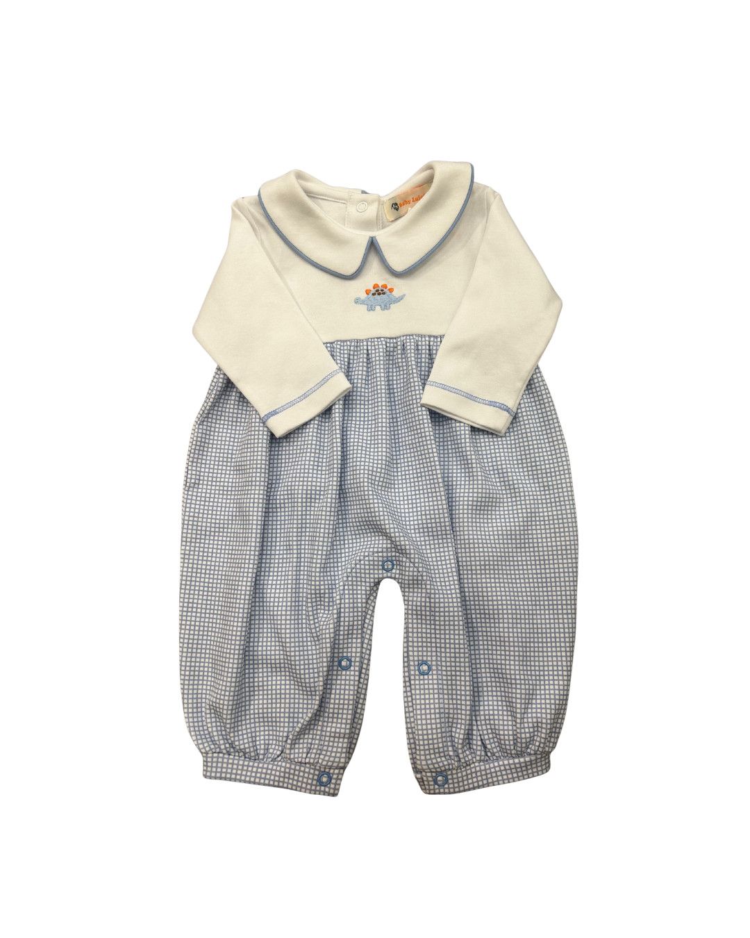 Lt Blue Gingham LS Romper, Dino