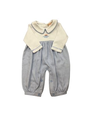 Lt Blue Gingham LS Romper, Dino