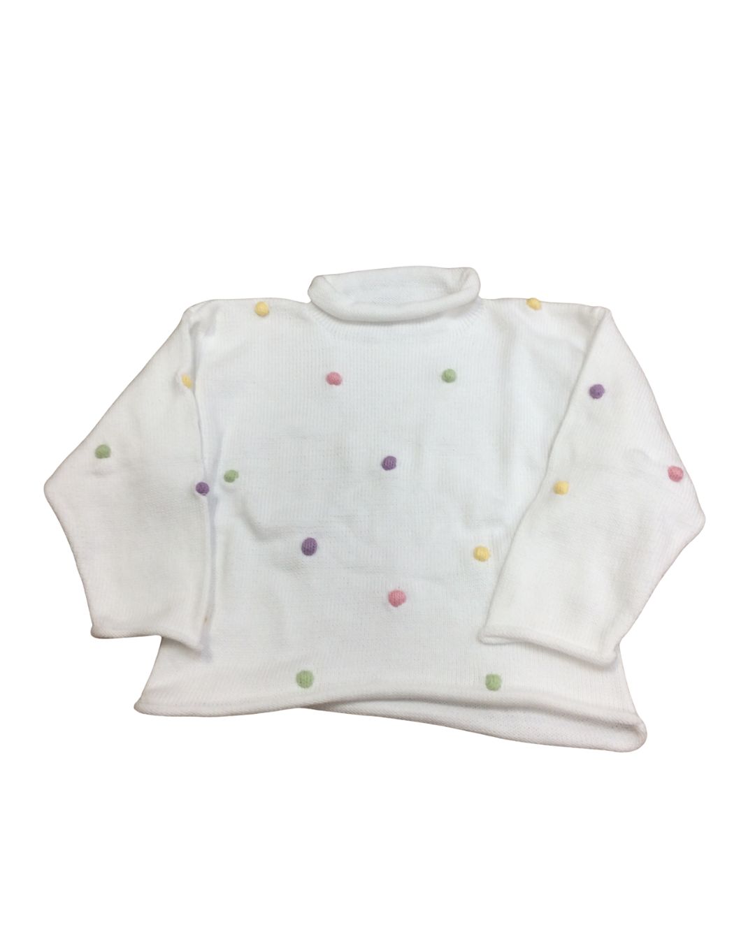 White Roll Neck Sweater with Pastel PomPoms
