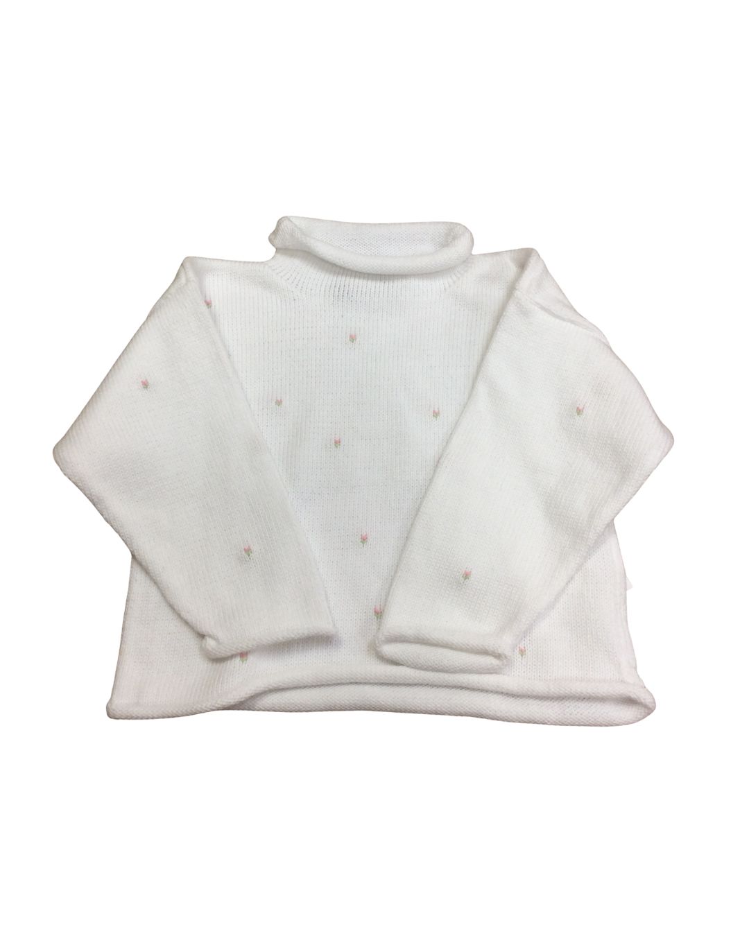 White Rolled Neck Sweater with  Rosebuds