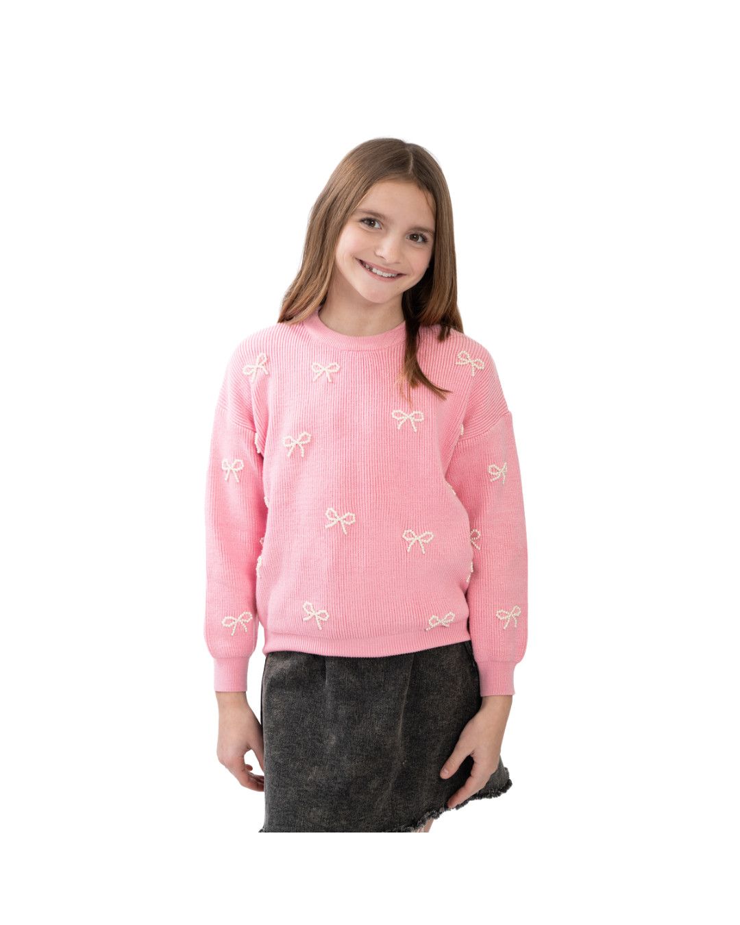 Pearl Bows Pink Crew Neck Sweater