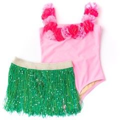Pink Hula Lei 1 Piece Swim with Fringe Skirt