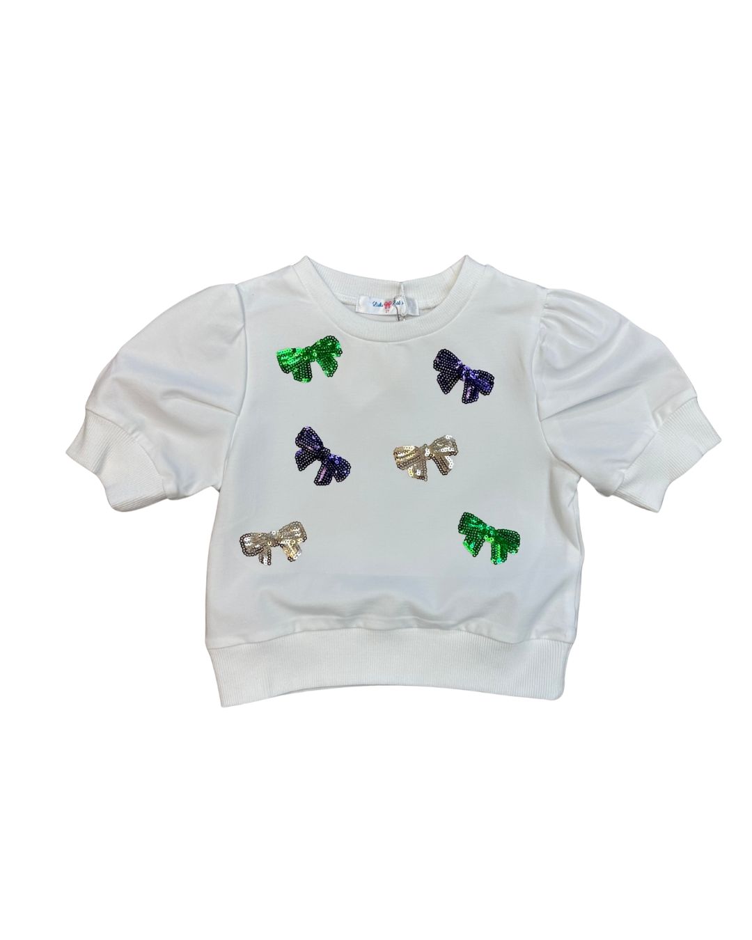 White Short Sleeve MG Bow Sequin Top