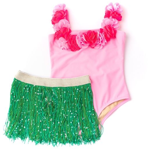 Pink Hula Lei 1 Piece Swim with Fringe Skirt, Size: 3T