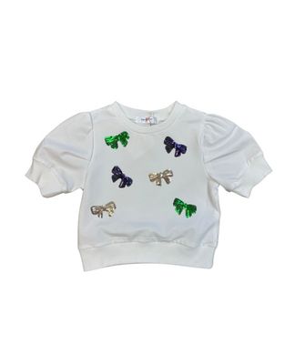 White Short Sleeve MG Bow Sequin Top