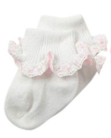 White and Pink Ruffle Ribbon Sock 2125 , Size: NB (0-1)