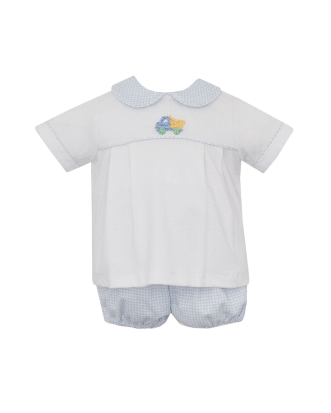 Dump Truck Lt Blue Knit Gingham Diaper Set