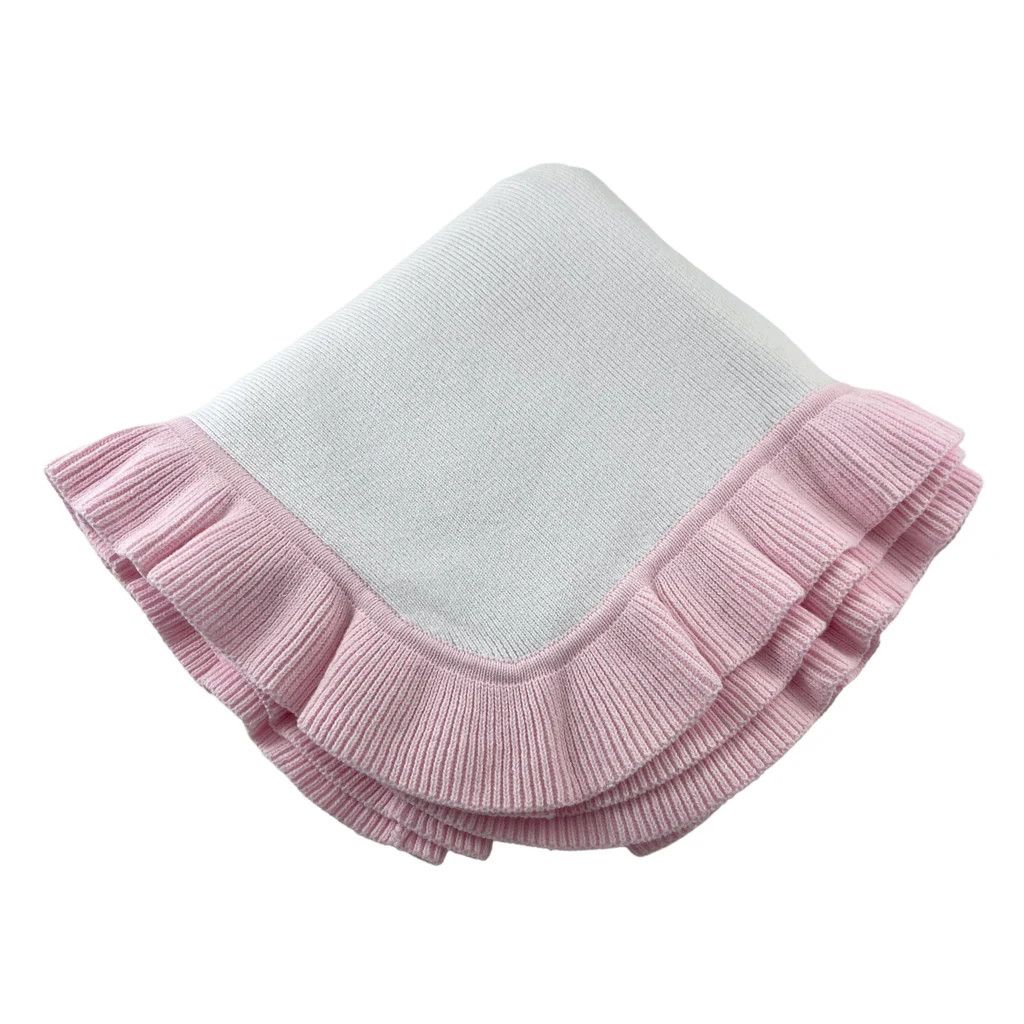 Knitted Blanket w/ Pink Ruffled Edge 36x36