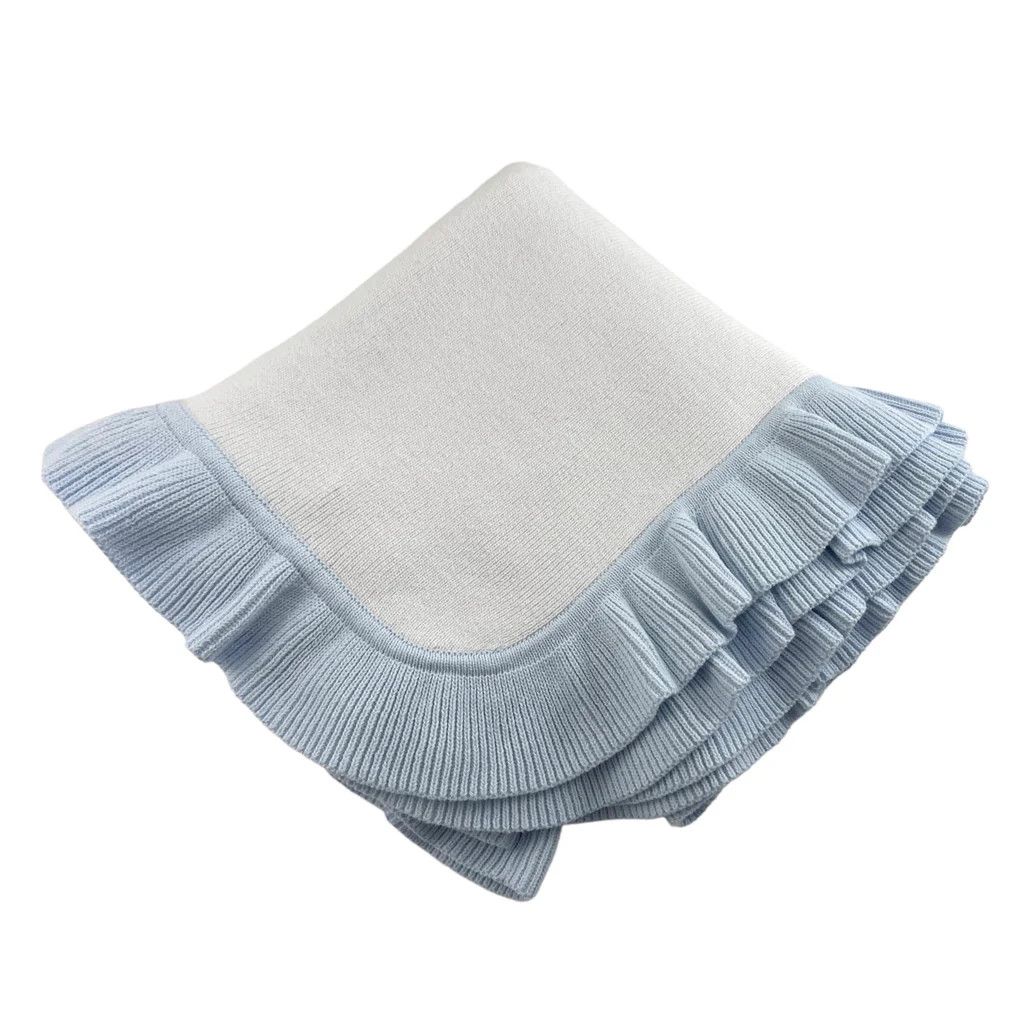 Knitted Blanket w/ Blue Ruffled Edge 36x36