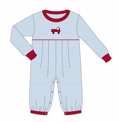 Blue/White Stripe w/ Red Firetruck Romper