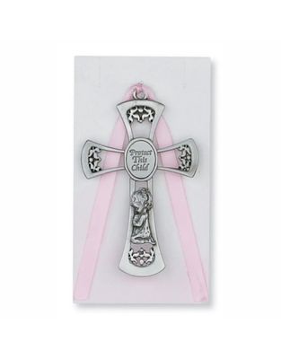 Baby Girl Crib Cross W/Pink Ribbon
