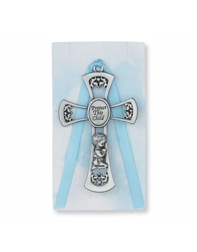 Baby Boy Crib Cross W/Blue Ribbon