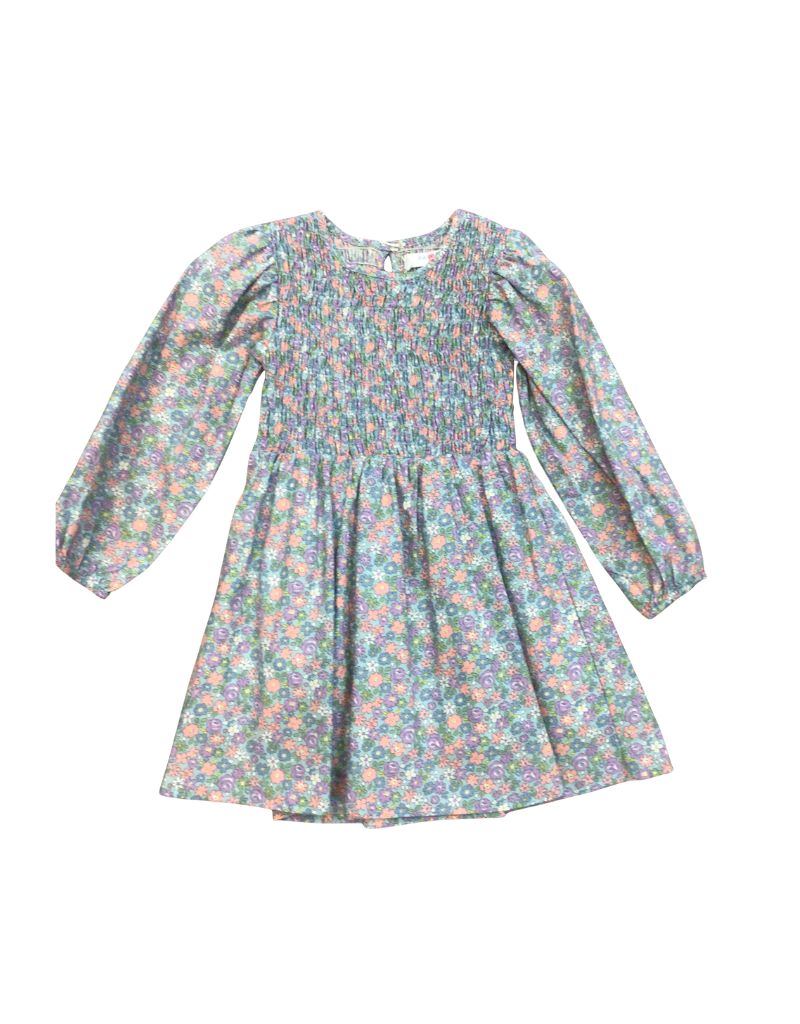 LS Blue Flower Smocked Bodice Dress