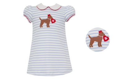 Valentine Puppy Lt Blue Stripe A-Line Dress