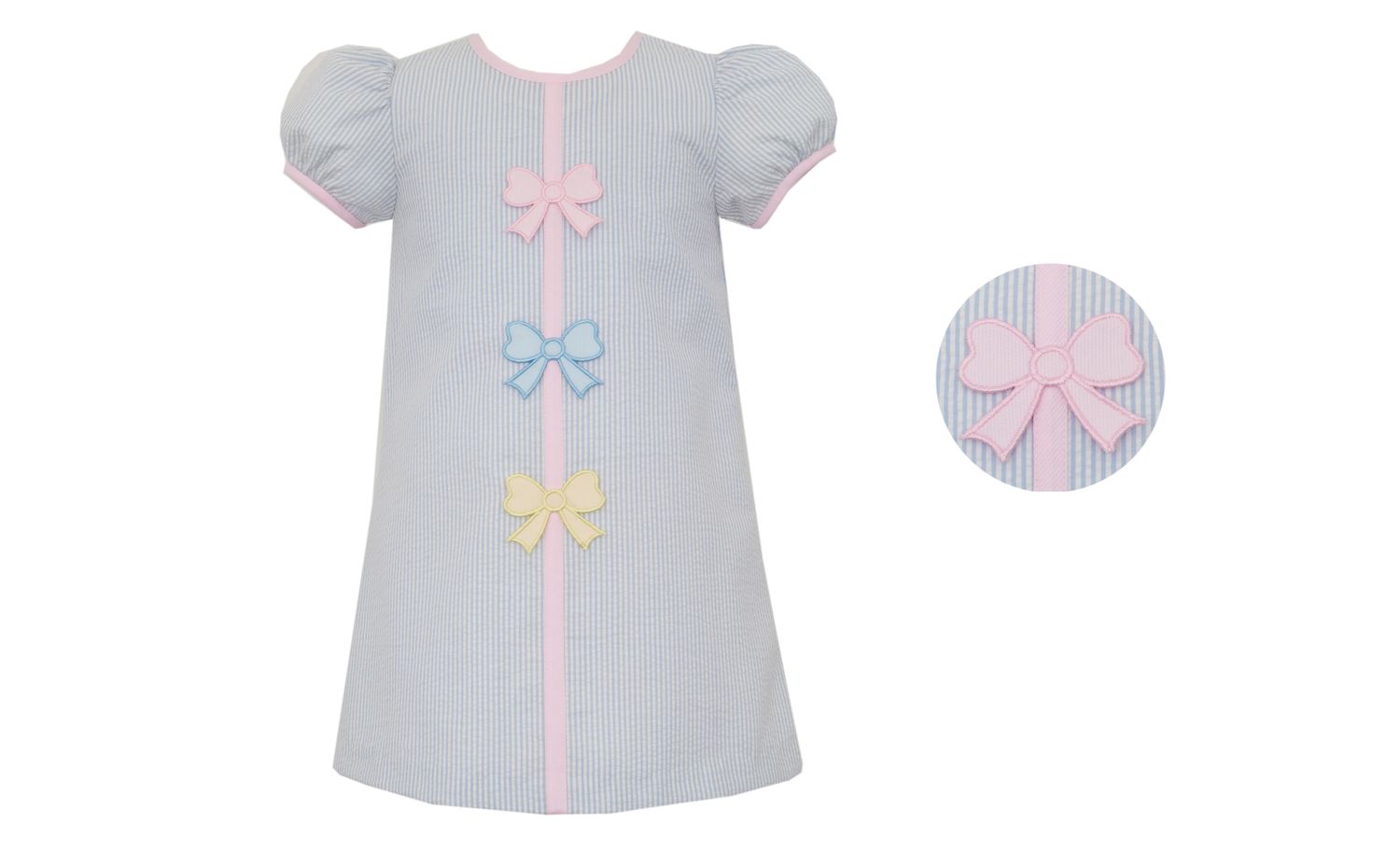 Pastel Bows Lt Blue Seersucker A-Line Dress