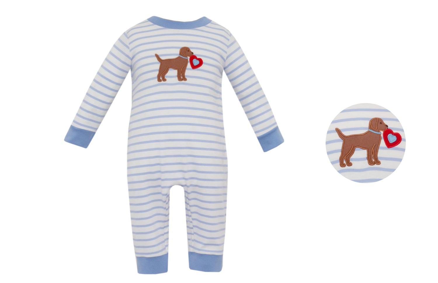 Valentine Puppy Lt Blue Stripe Boys Long Romper