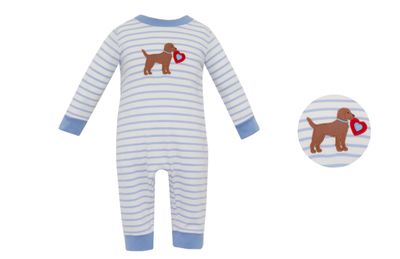 Valentine Puppy Lt Blue Stripe Boys Long Romper