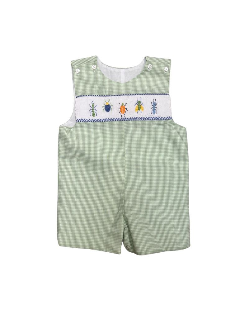 Pete Smocked Insect Shortall, Green Gingham 