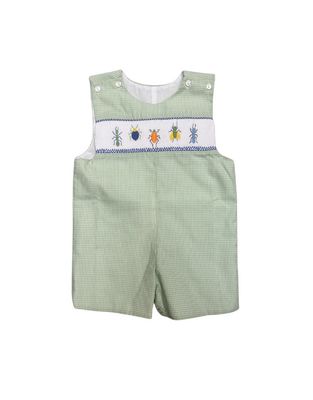 Pete Smocked Insect Shortall, Green Gingham 