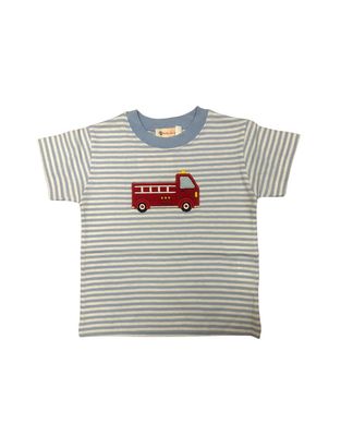 Blue Stripe Shirt with Fire Truck Applique