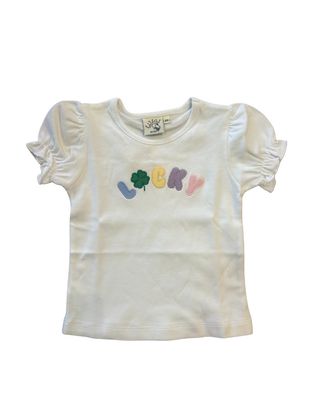 White Ruffle Shirt with LUCKY Applique
