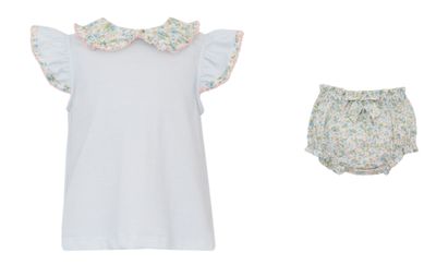 Blue Pique Floral Bloomers Set