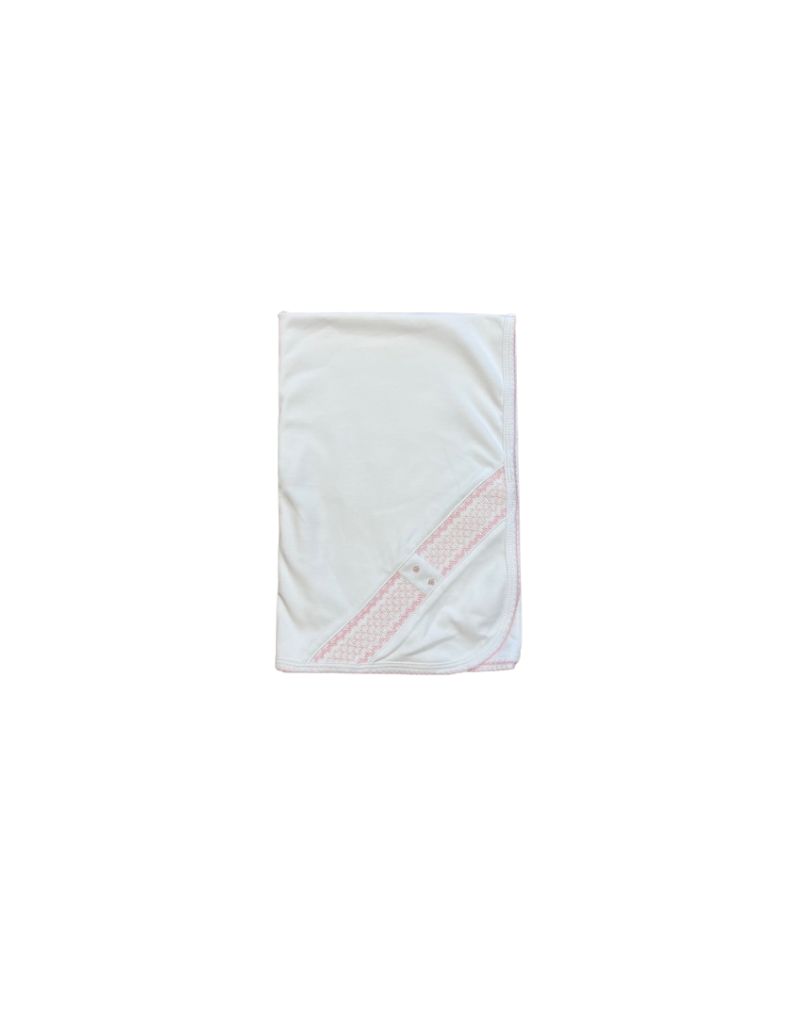 White Pima Smocked Blanket Pink Accents