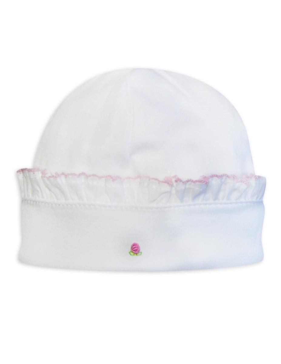 White Pima Hat with Ruffles and Pink Rose