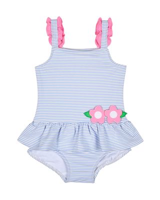 Blue Stripe Seersucker Swimsuit with Flower
