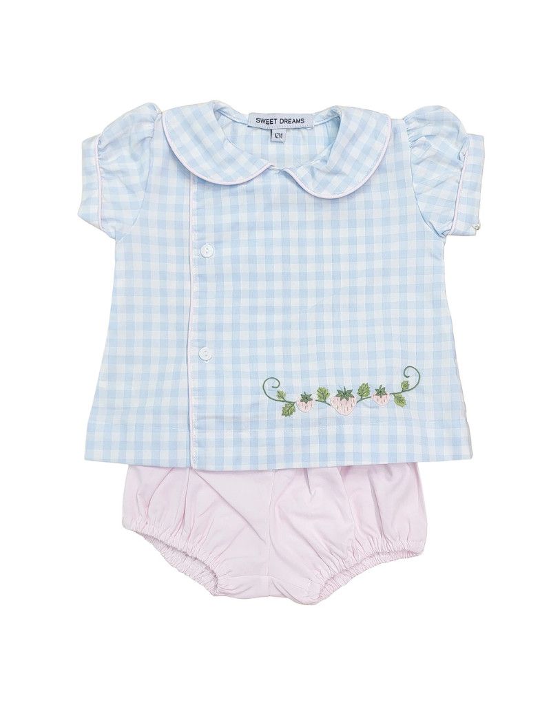 Blue Gingham Strawberry Diaper Set