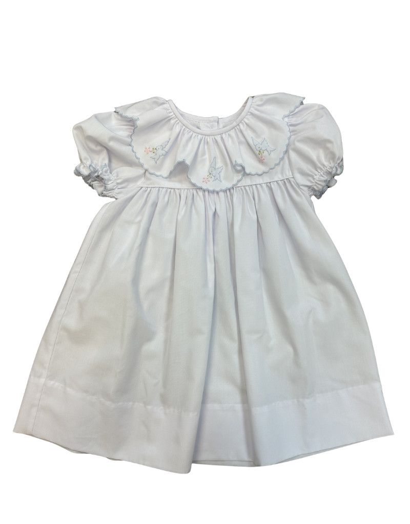 White w/Blue SS Dress with Bird Emb Scallop