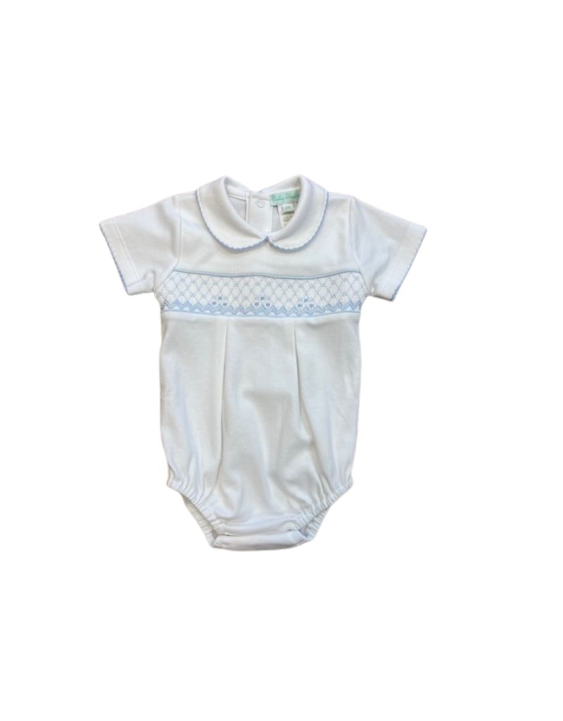 Eden Smocked Romper, White with Blue