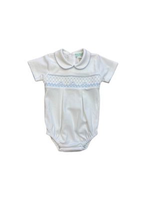 Eden Smocked Romper, White with Blue
