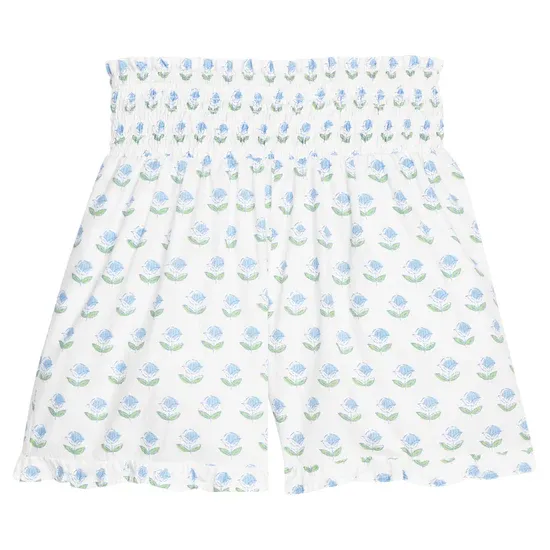 Shirred Ruffle Shorts, Blue Tulip Block Print
