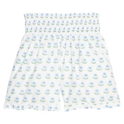 Shirred Ruffle Shorts, Blue Tulip Block Print