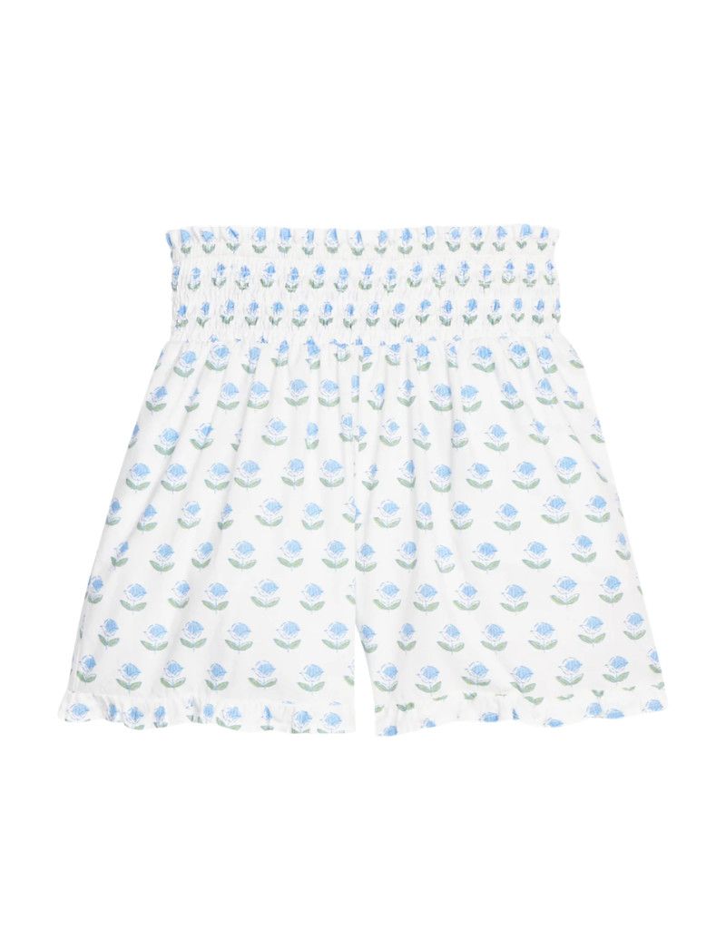 Shirred Ruffle Shorts, Blue Tulip Block Print