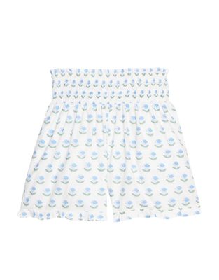 Shirred Ruffle Shorts, Blue Tulip Block Print