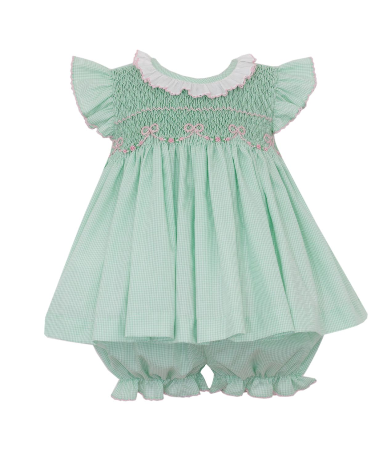 Harper Green Gingham Smocked Pink Bow Bloomer Set