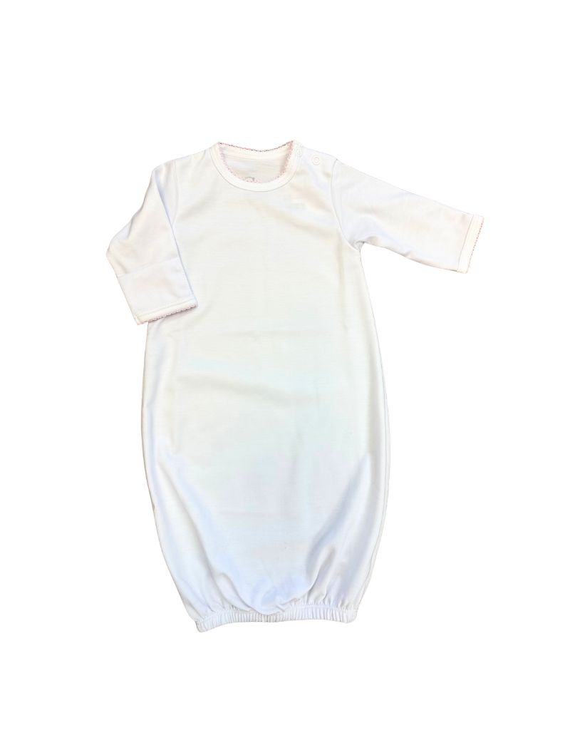 White Pima Snap Shoulder Gown, Pink Trim