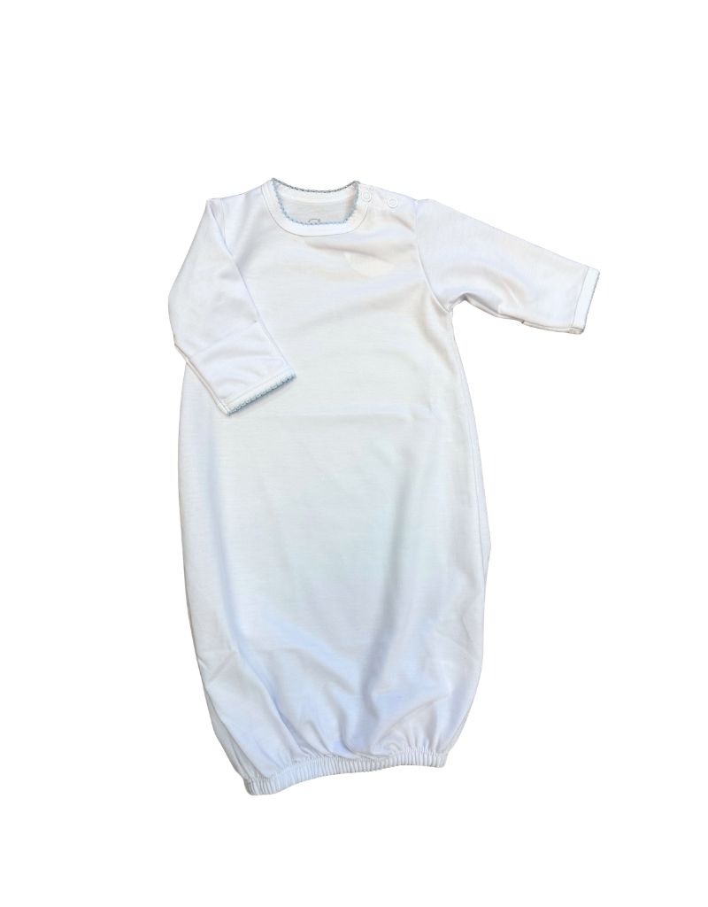 White Pima Snap Shoulder Gown, Blue Trim