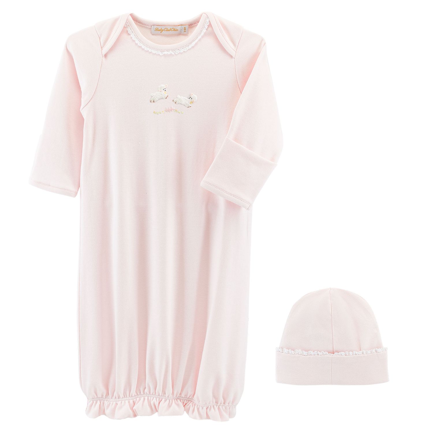 Baby Lambs Pink Gown with Lace Trim and Hat Set, 