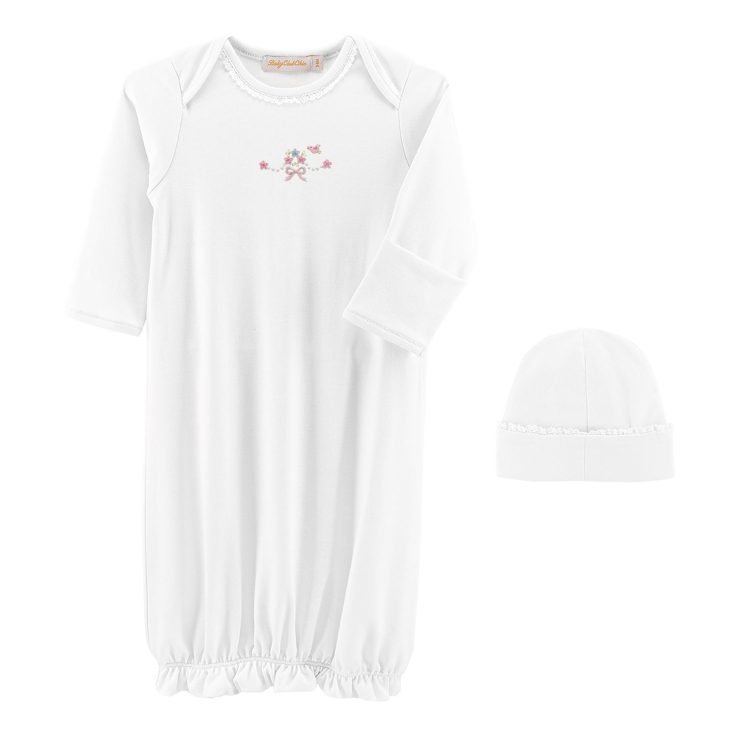 Sweet Bows Gown with Lace Trim and Hat Set, White