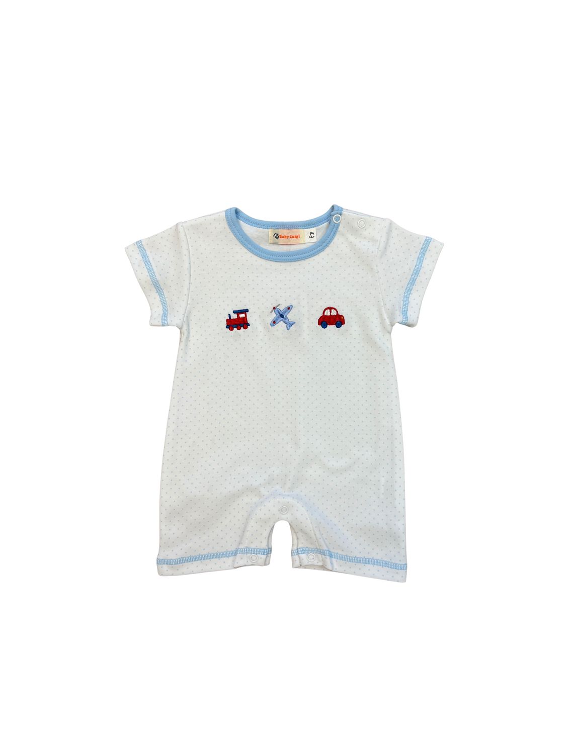 Transportation Romper, Blue Polka Dot 