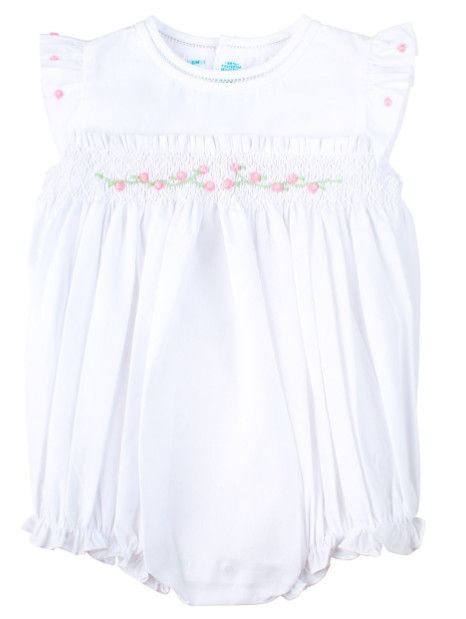 Rose Garden Smocked Fly Sleeve Bubble,  White