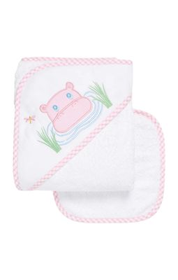 Hippo Hooded Towel and Washcoth Set, Pink