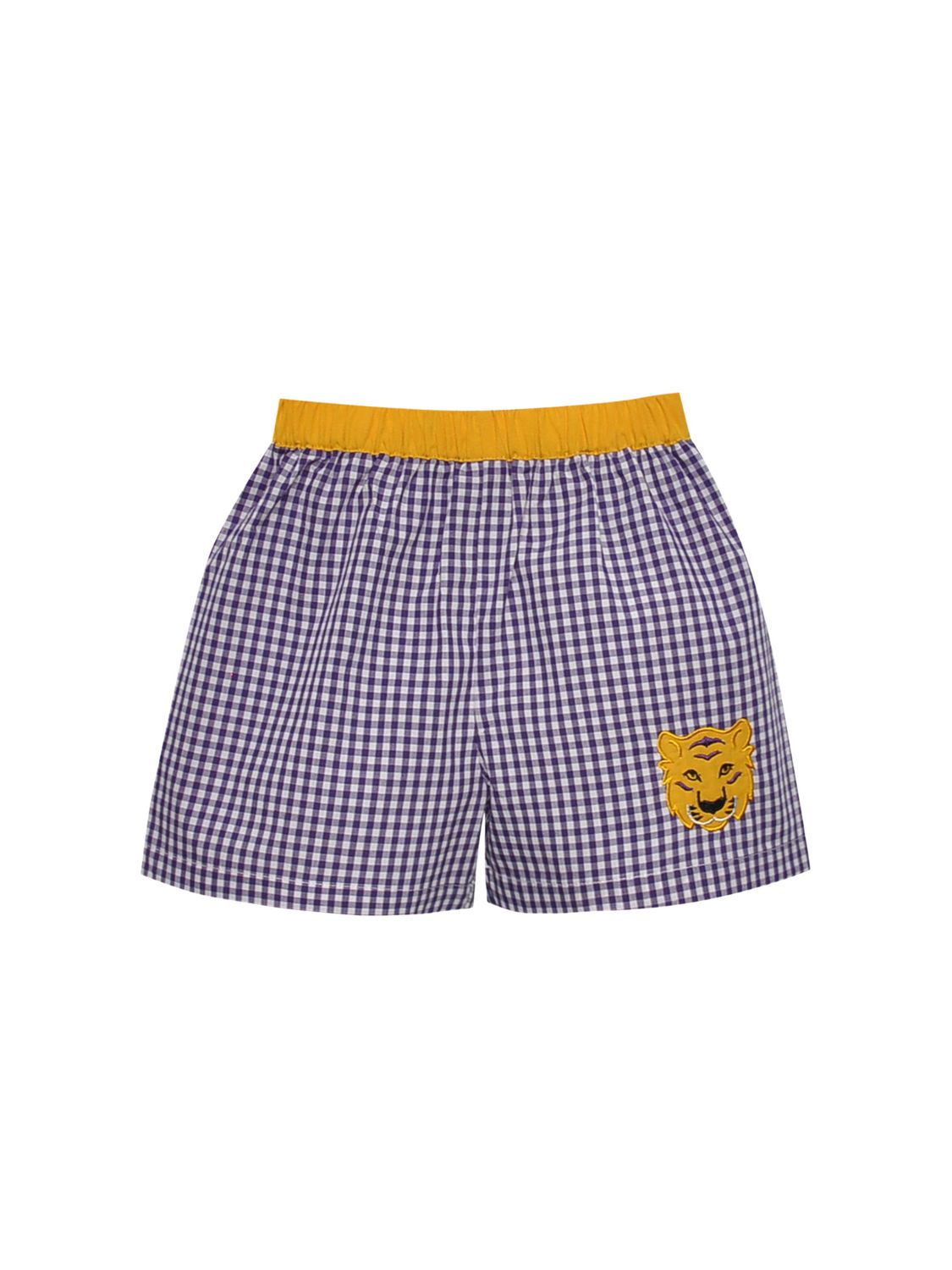 Tiger Applique Purple/Gold Gingham Shorts