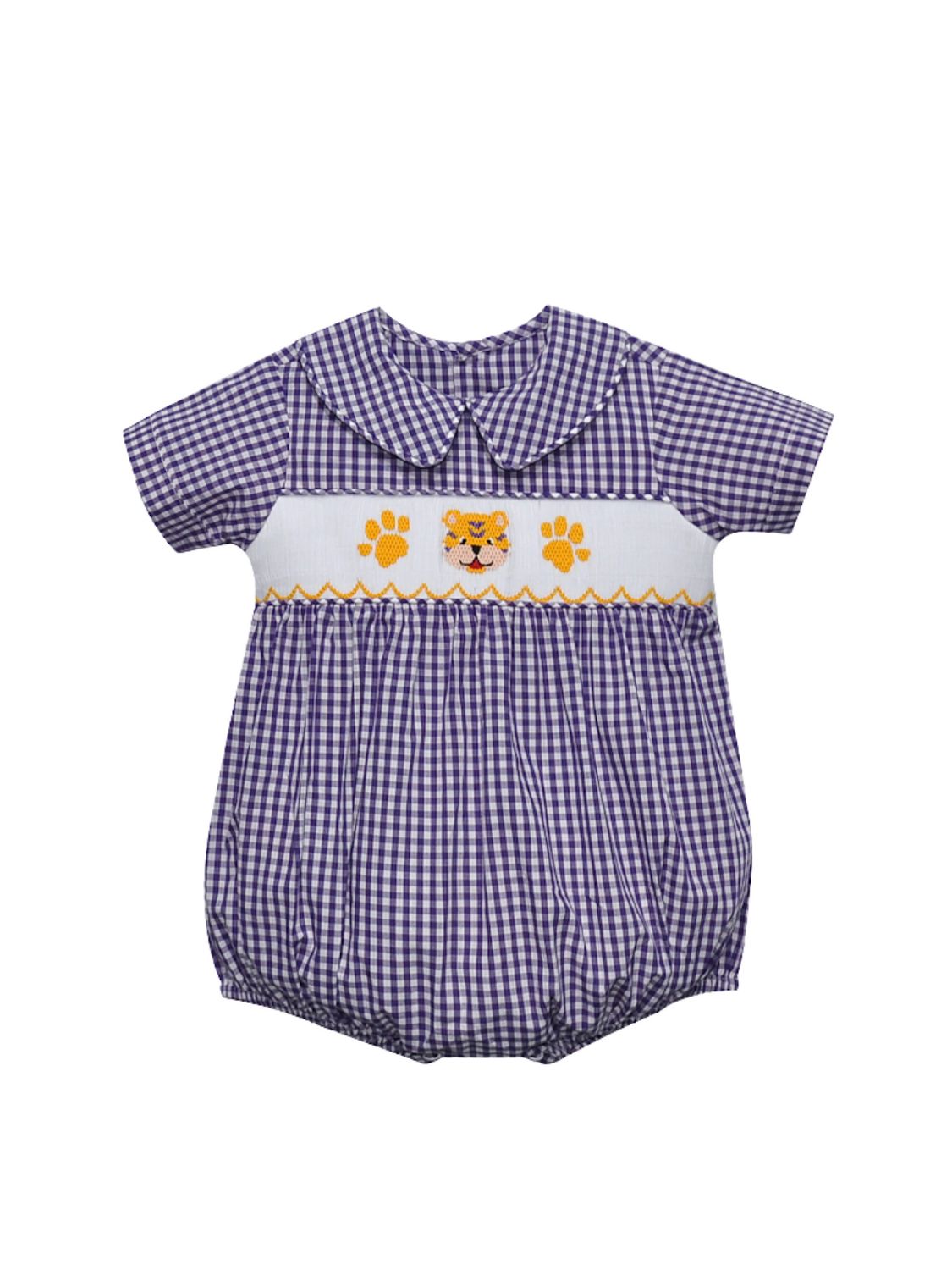 Purple Gingham Smocked Boys Bubble, Tiger/Paw